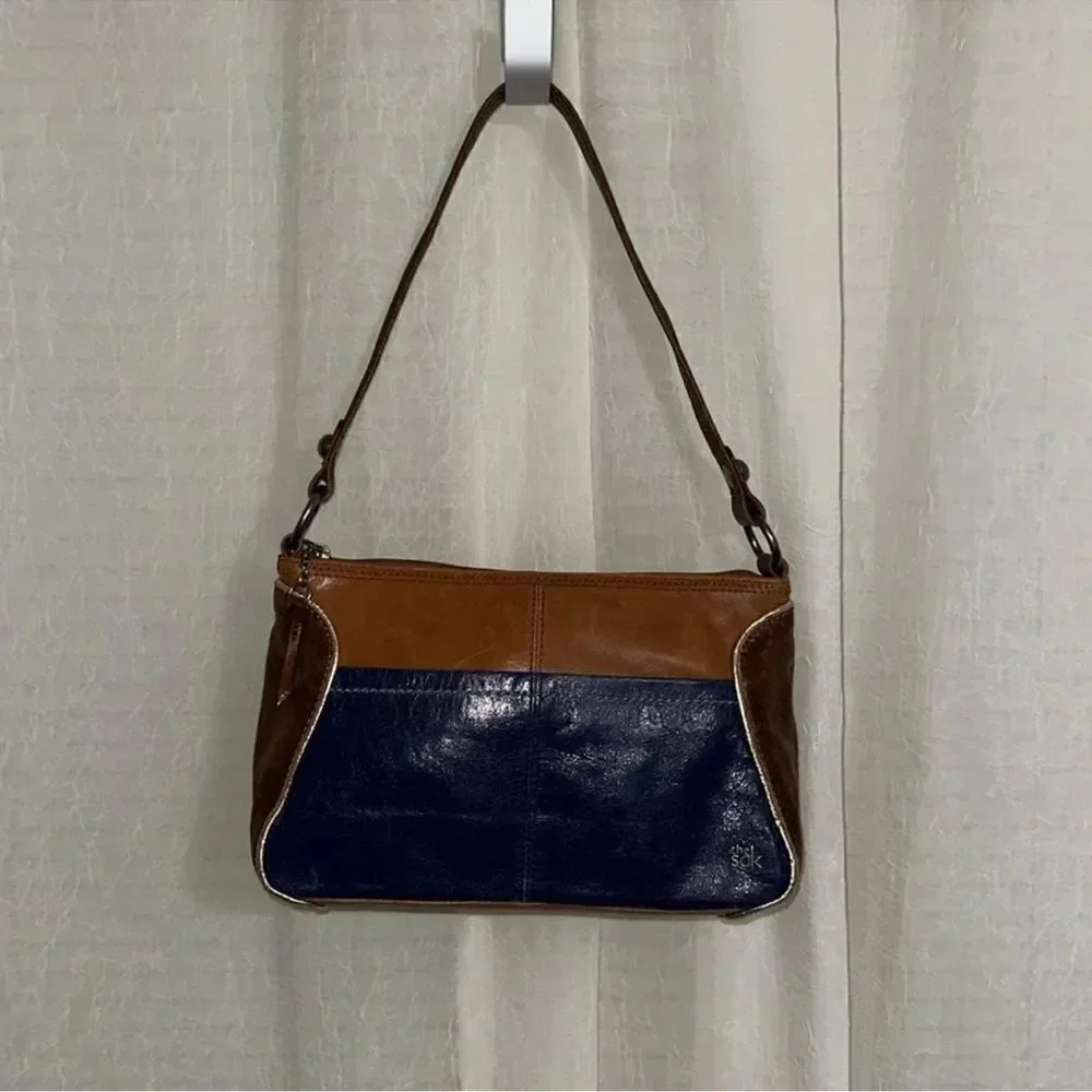 The Sak Blue Brown Gold Trim Genuine Leather Hobo Purse
